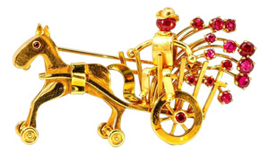 Mid 20th Century 14k Gold Carriage Horse Brooch Antique With Rubies and Movable Wheels