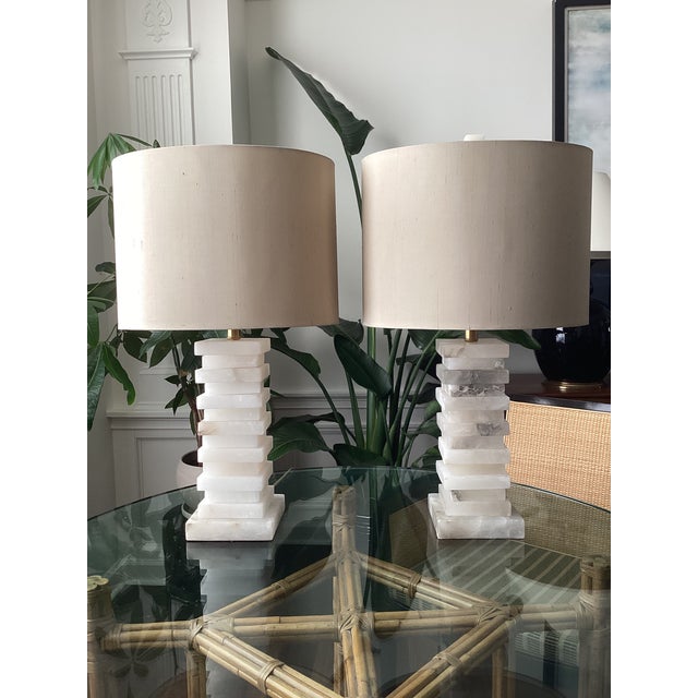 Metal John-Richard Stacked Alabaster Column Table Lamps With Raw Silk Shades - a Pair For Sale - Image 7 of 9