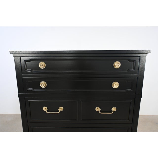 French Louis XVI Style Black Lacquered Highboy With Brass Hardware | Newly Refinished For Sale - Image 11 of 18