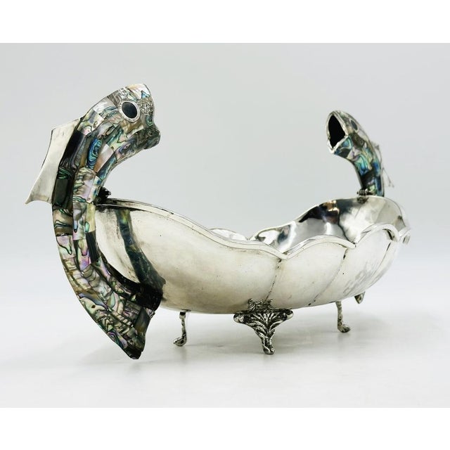 Mexican 1960s Mexican Silver Plate Center Bowl With Abalone Fish Handles, Signed a.c.t. Taxco For Sale - Image 3 of 18