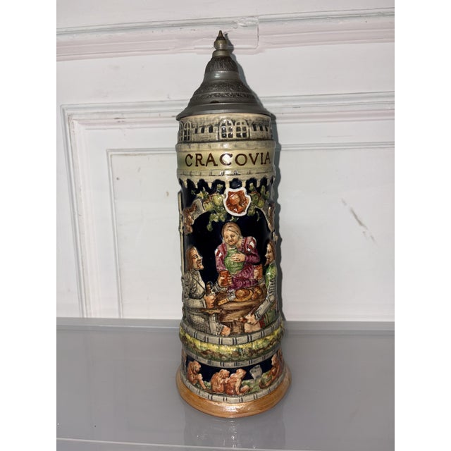 Very large beer mug, vintage Krakow signed hand made Mikolow Poland height 36 cm circumference 11 cm