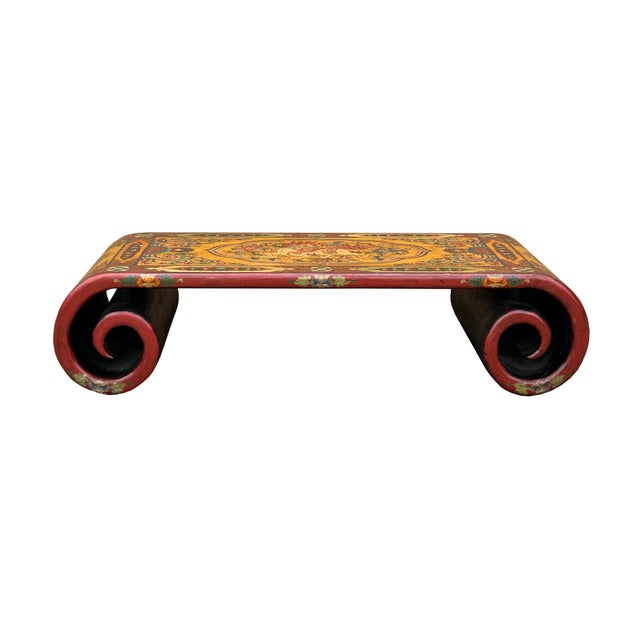 Art Deco 65.5"" Tibetan Style Yellow Red Lion Graphic Scroll Rectangular Coffee Table Stand For Sale - Image 3 of 12