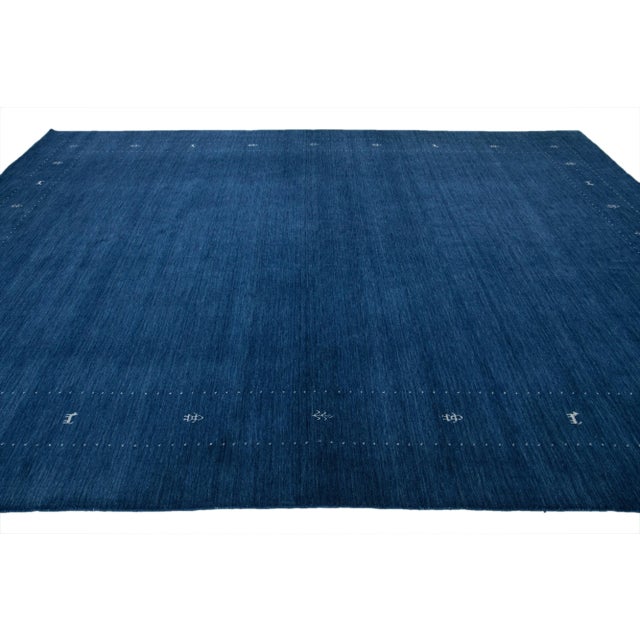 Modern Hand-Loomed Minimalist Gabbeh Wool Rug in Blue For Sale - Image 4 of 8