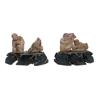 Set of 2 Vintage Chinese Buddist Art Hand Carved Stone Figurines For Sale