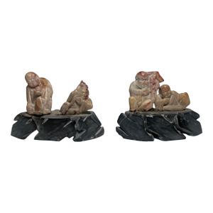 Set of 2 Vintage Chinese Buddist Art Hand Carved Stone Figurines