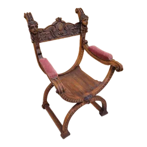 Antique Italian Renaissance Revival Ornate Carved Figural Savonarola Chair