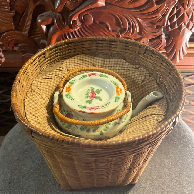 Antique Famille Rose Porcelain Tea Pot With Insulated Wicker Basket For Sale - Image 12 of 13