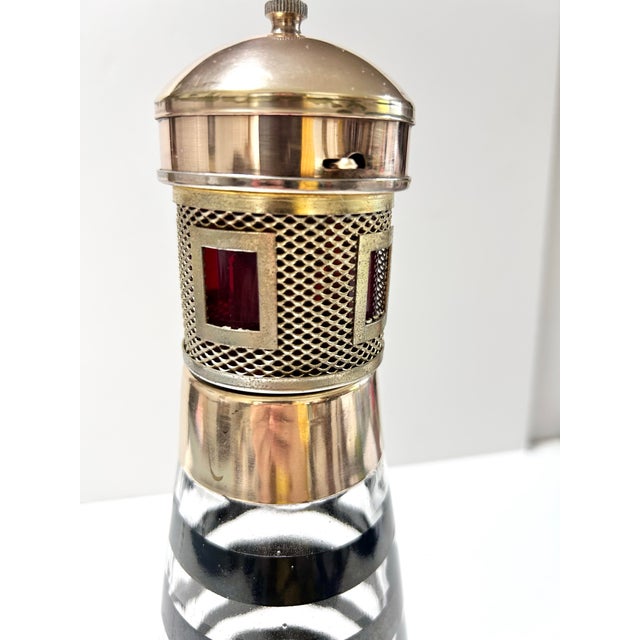 Vintage Nautical Lighthouse Cocktail Shaker Decanter Barware, Brass & Glass Maritime Accent For Sale In Louisville - Image 6 of 9