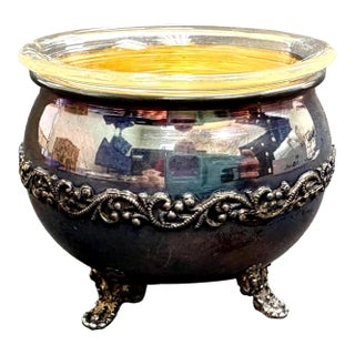 Antique Sterling Silver Salt Cellar – Cauldron Style With Glass Insert, 3-Legged, Marked 925 For Sale