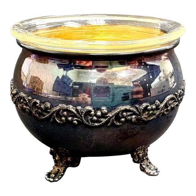 Antique Sterling Silver Salt Cellar – Cauldron Style With Glass Insert, 3-Legged, Marked 925 For Sale