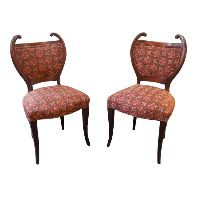 Pair of Art Nouveau Mahogany and Tapestry style Re-Upholstered Side Chairs in great vintage condition. Rose damask...