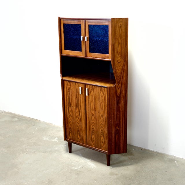 1950s Danish Rosewood Corner Cabinet W/ Indigo Stained Glass Doors For Sale - Image 9 of 16