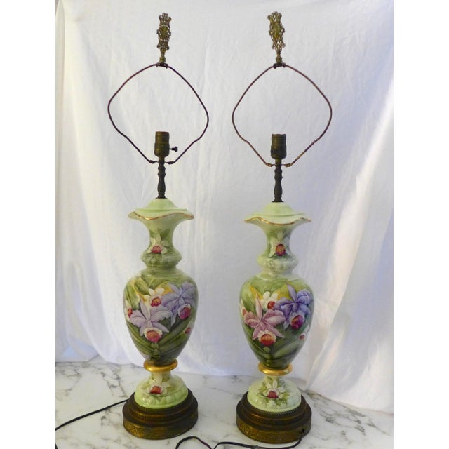 Antique Limoges Hand Painted Table Lamps With Empire Silk Tassel Shades