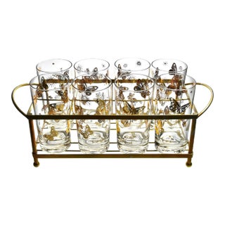 Mid 20th Century Georges Briard Gilded Butterfly Highballs & Caddy Set- 9 Pieces For Sale