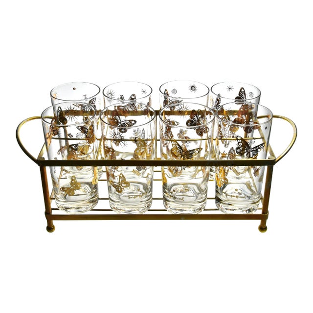 Mid 20th Century Georges Briard Gilded Butterfly Highballs & Caddy Set- 9 Pieces For Sale