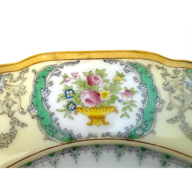 1930's Art Deco Meito Japan Hand-Painted Porcelain Dinner Plates, Set of 8 – Gilt & Emerald Cartouche Design For Sale - Image 11 of 15