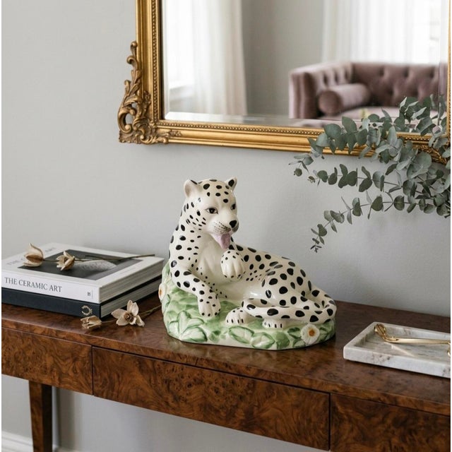 Mid-Century Modern Vintage Jeanne Reed’s Hand-Painted Porcelain Reclining Leopard Figurine With Floral Base For Sale - Image 3 of 12