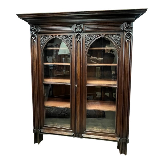 Amazing 19th Century Walnut Gothic Two Door Bookcase For Sale