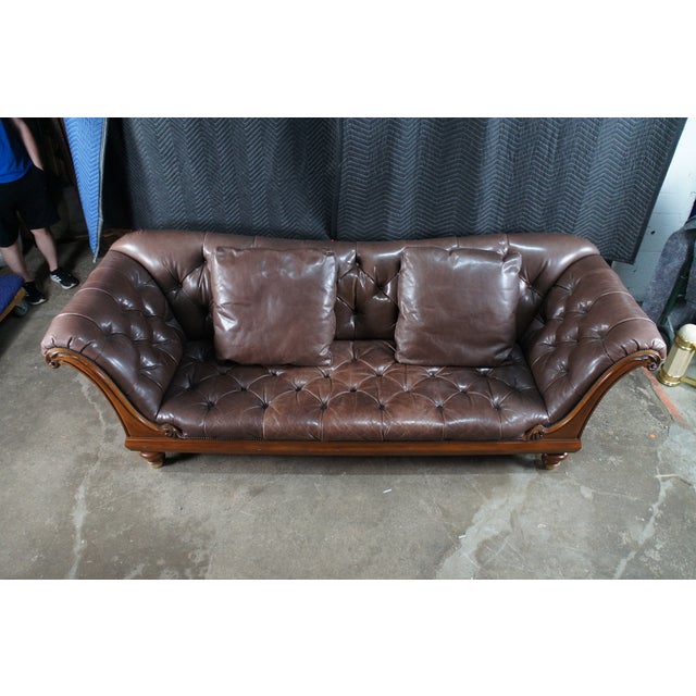 Late 20th Century Late 20th Century Baker Furniture Stately Homes Tufted Brown Leather & Walnut Chatsworth Sofa For Sale - Image 5 of 15