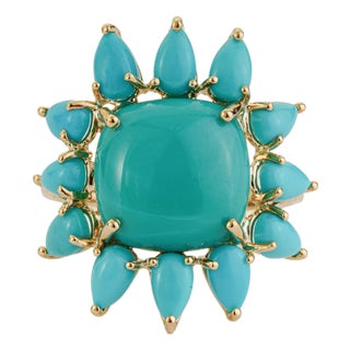 6.7ct Turquoise Sunburst Art Deco Vintage Ring in 14k Yellow Gold Size 4 For Sale