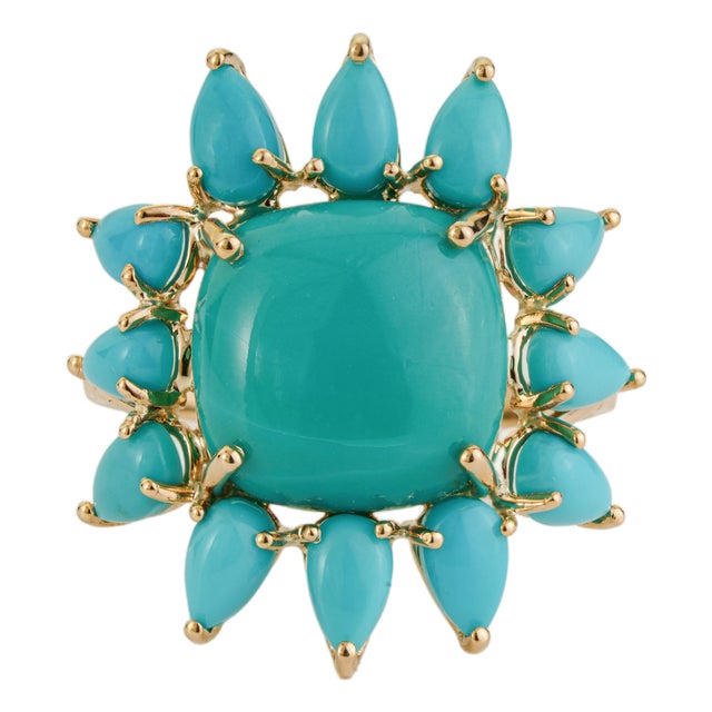 6.7ct Turquoise Sunburst Art Deco Vintage Ring in 14k Yellow Gold Size 4 For Sale