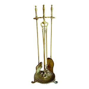 1960s Shell Brass Clam Motif Nautical Fireplace Tool Set- 5 Pieces