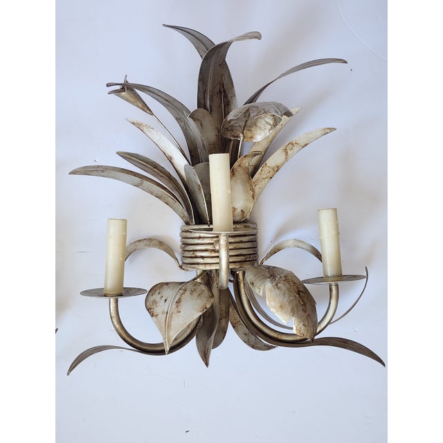Hollywood Regency Original 22 Palm Leaf Motif Wall Sconces-a Pair For Sale - Image 3 of 12