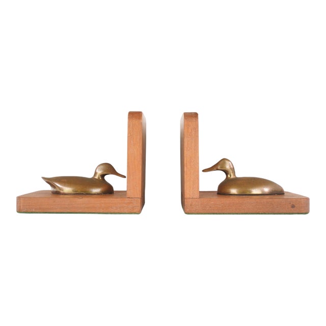 Pair of Vintage Oak & Brass Ducks Bookends For Sale