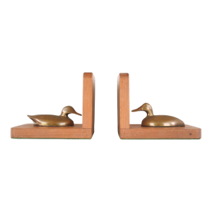 Pair of Vintage Oak & Brass Ducks Bookends