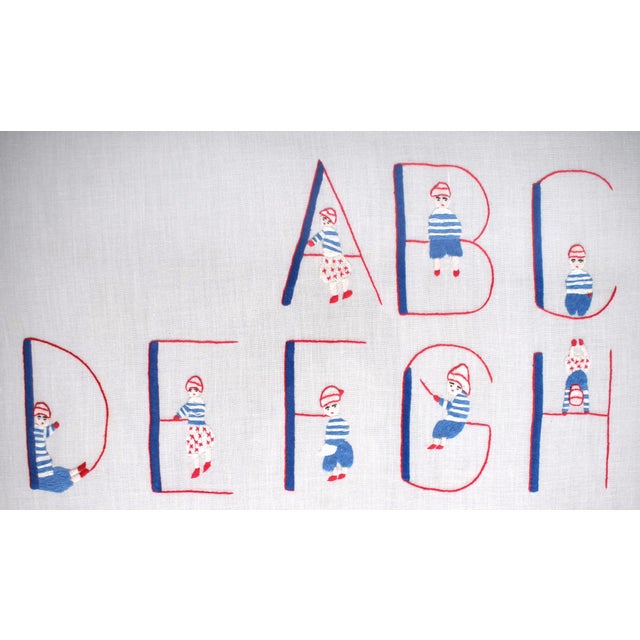 Mid 20th Century Hand-Stitched/ Embroidered Red/ White & Blue Alphabet Linen Children's Sampler For Sale - Image 4 of 5