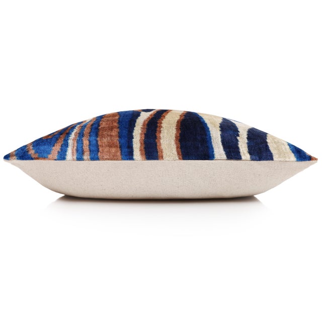 Textile Handmade Velvet Ikat Lumbar Pillow 16x24 | Blue Swirl Stripe For Sale - Image 7 of 8