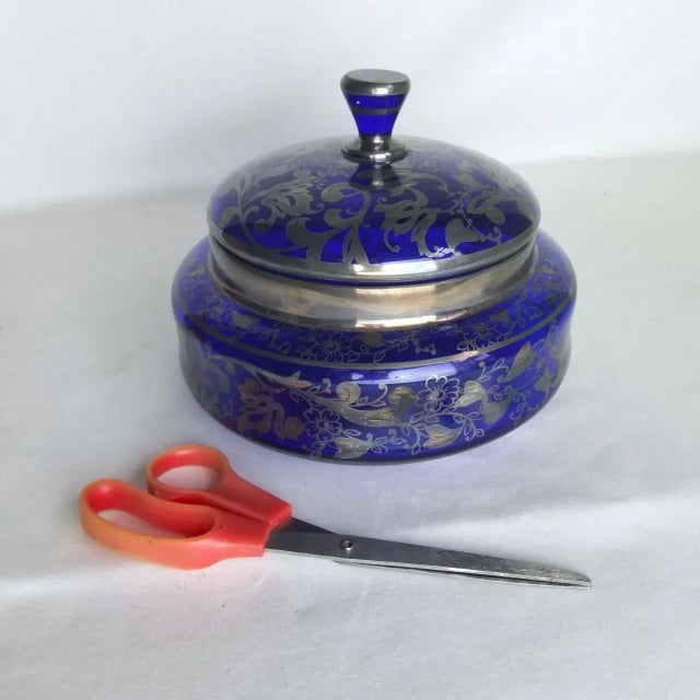 1920s Blue Glass and Silver Floral Overlay Bowl With Lid For Sale In Chicago - Image 6 of 7