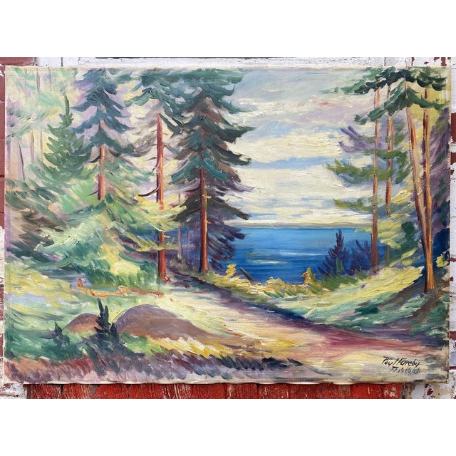 1960s Paul Fureby, Pine Trees with a Coastal View, 1960s, Oil on Canvas, Framed For Sale - Image 5 of 18