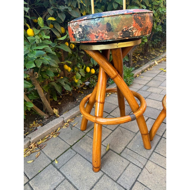 1950s Mid-Century Swivel "Spiral" Leg Rattan & Brass Barstools,- Set of 2 For Sale - Image 4 of 15