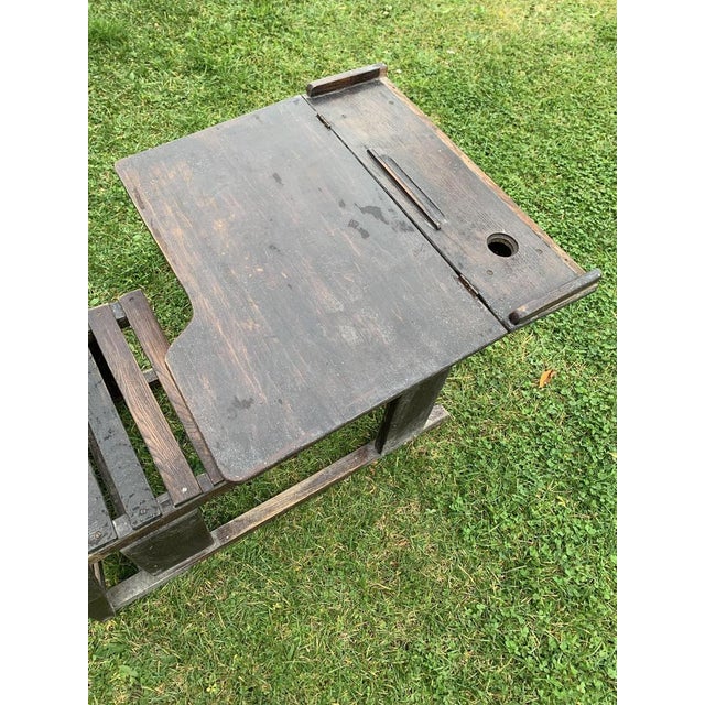 Antique Brown Painted Children's School Bench and Desk, 1920s For Sale - Image 3 of 7