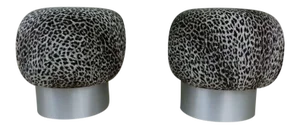 1970's Karl Springer Style Leopard Fabric Souffle Poufs- A Pair