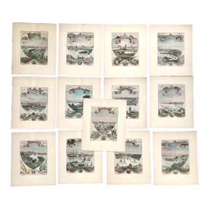 Antique Hand-Tinted Crests of the 13 Original American Colonies