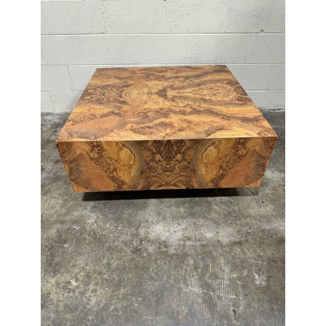 Near perfect faux Burl laminate cube coffee table ala Milo Baughman. One tiny chip to laminate on one corner. See photos....