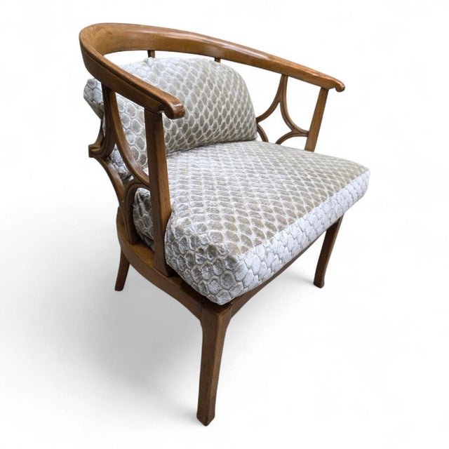 MCM William "Billy" Haines Fruitwood Spider/Barrel Back Lounge Newly Reupholstered For Sale In Chicago - Image 6 of 8