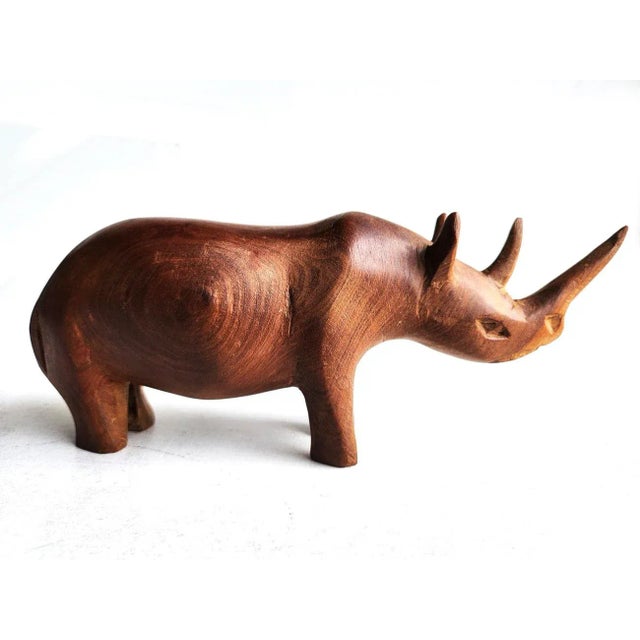 Mid-Century Modern Vintage Hand Carved African Teak Wood Rhino Figurine For Sale - Image 3 of 9