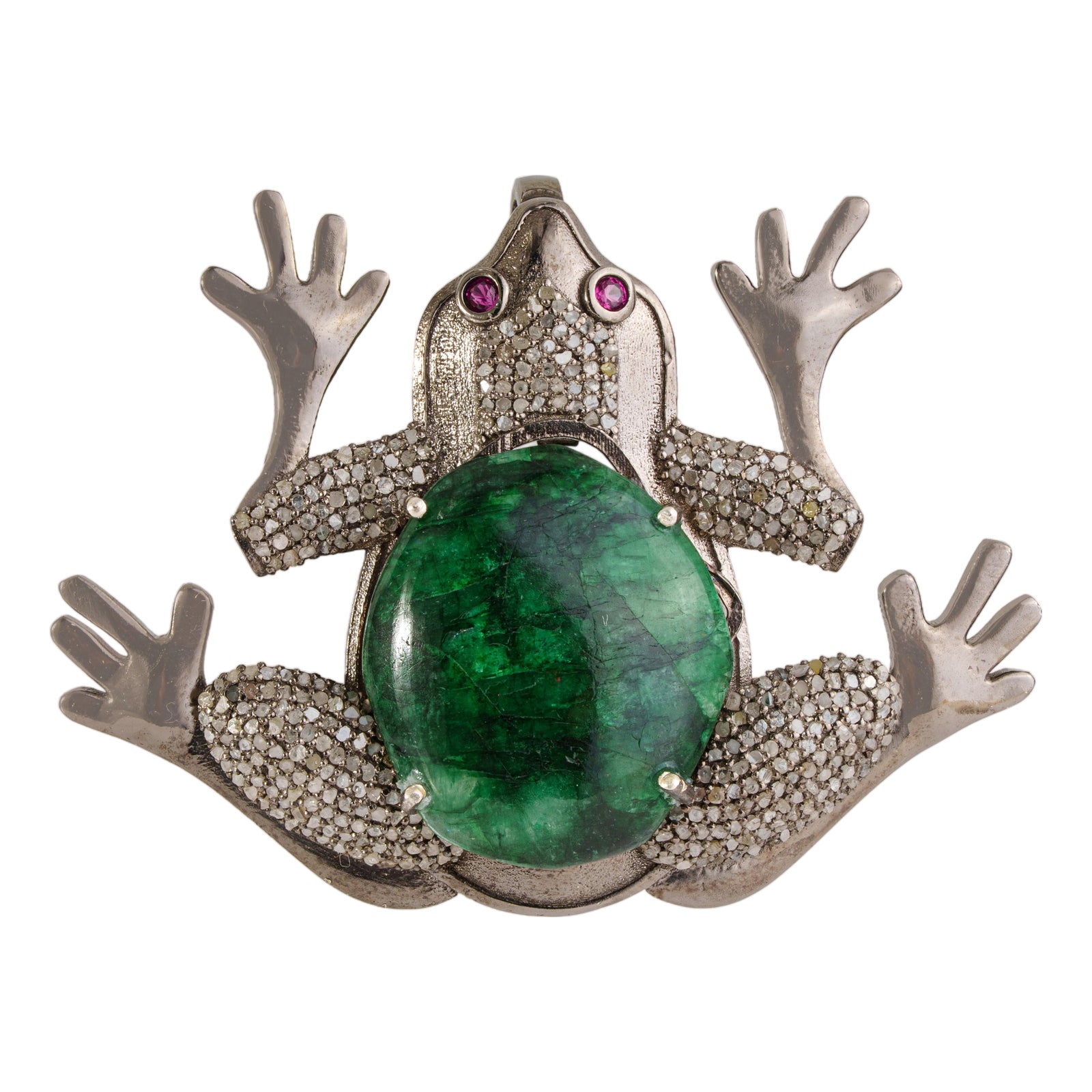 Antique Style Oxidized Silver & 15.25 Ct Natural Emerald Diamond Frog ...