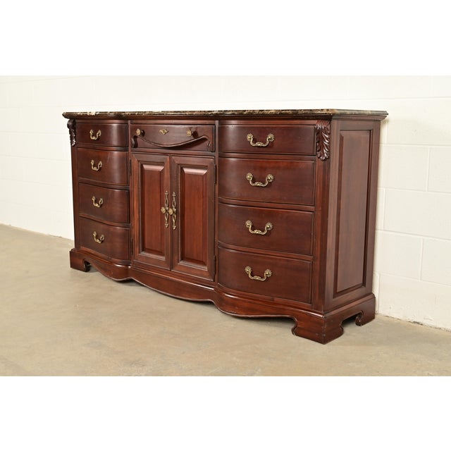 French Country Thomasville French Louis Philippe Carved Mahogany Marble Top Triple Dresser or Credenza For Sale - Image 3 of 14