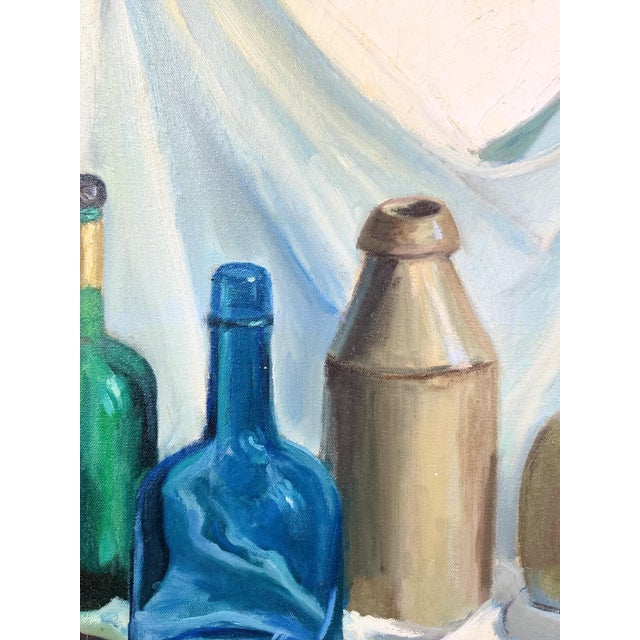 Mid 20th Century Vintage Original Oil Painting Still Life Bottles Jugs, Framed Art, Canvas, Blue For Sale - Image 5 of 11