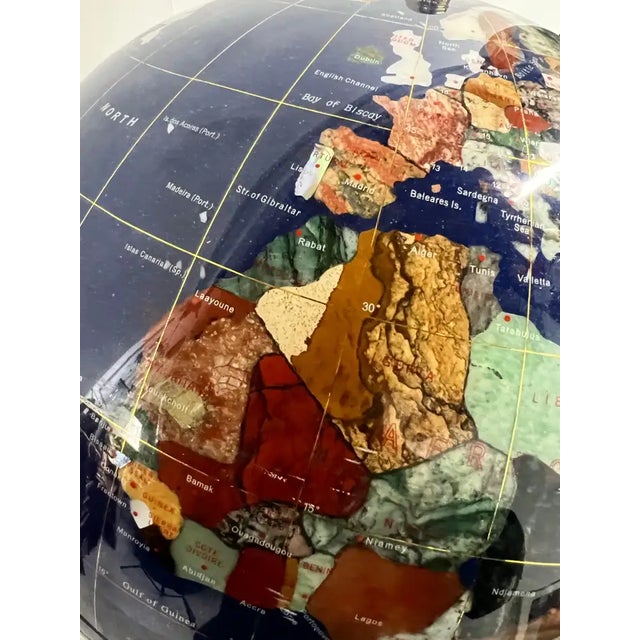 20th Century Lapis Blue Gemstone World Globe With Gilt Meridian Stand For Sale - Image 13 of 18