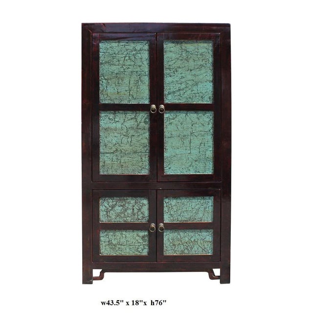 Wood Chinese Distressed Turquoise & Brown Armoire For Sale - Image 7 of 7
