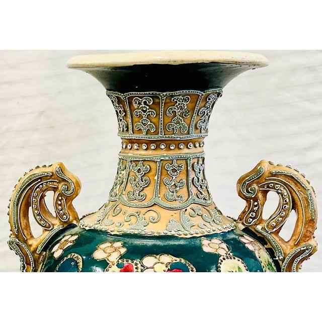 Mid 20th Century Moriage Enamel Nippon Style Double Handled Vases - a Pair For Sale - Image 5 of 6