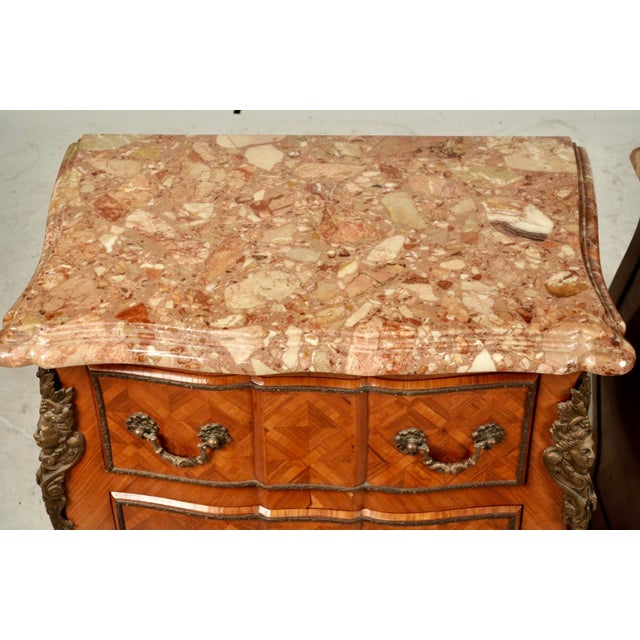 Mid 20th Century Pair of Red Marble-Top Parquetry Petite Commodes Nightstands For Sale - Image 5 of 15