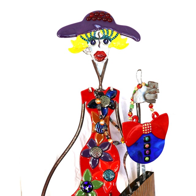 1980s Kat Hogan and Jerome Ellis Sculpture Metal and Fused Glass Woman on Shopping Spree 55 In. Height For Sale - Image 4 of 8