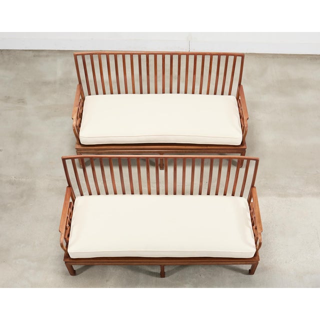 Asian Pair of Michael Taylor Style Ming Inspired Hardwood Sofas For Sale - Image 3 of 18