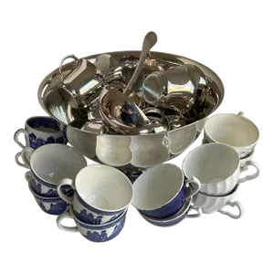 Silver-Plate Punch Bowl With 12 Blue & White,Cups, 12 Silver Plate Cups and a Ladle